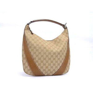 GUCCI GG Canvas Shoulder Bag Brown Leather